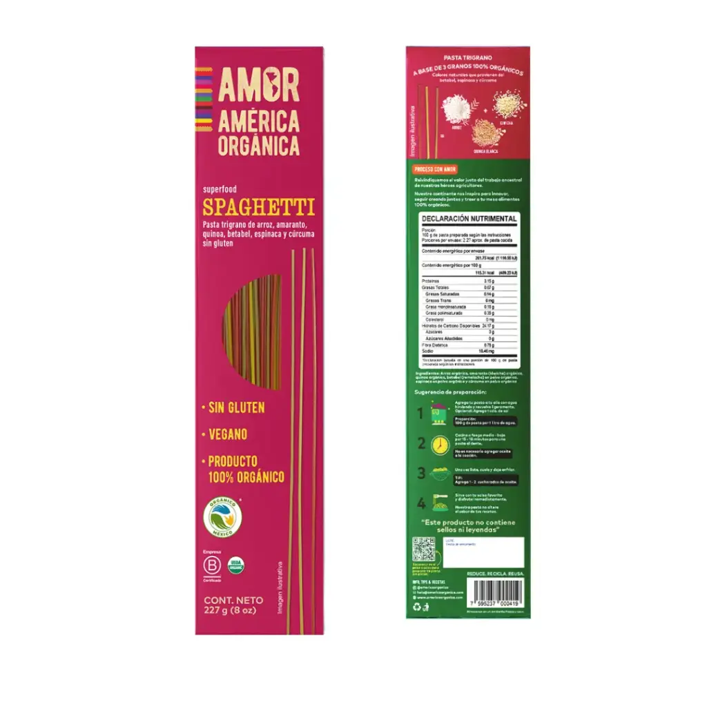 Pasta Orgánica Spaghetti Trigrano con Vegetales Sin Gluten 227g 